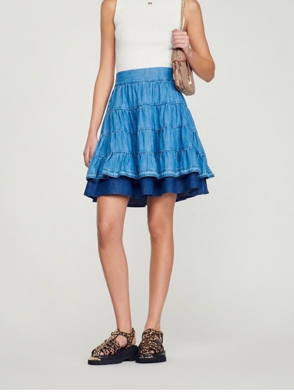 Sandro Blue Tiered Denim Mini Skirt
